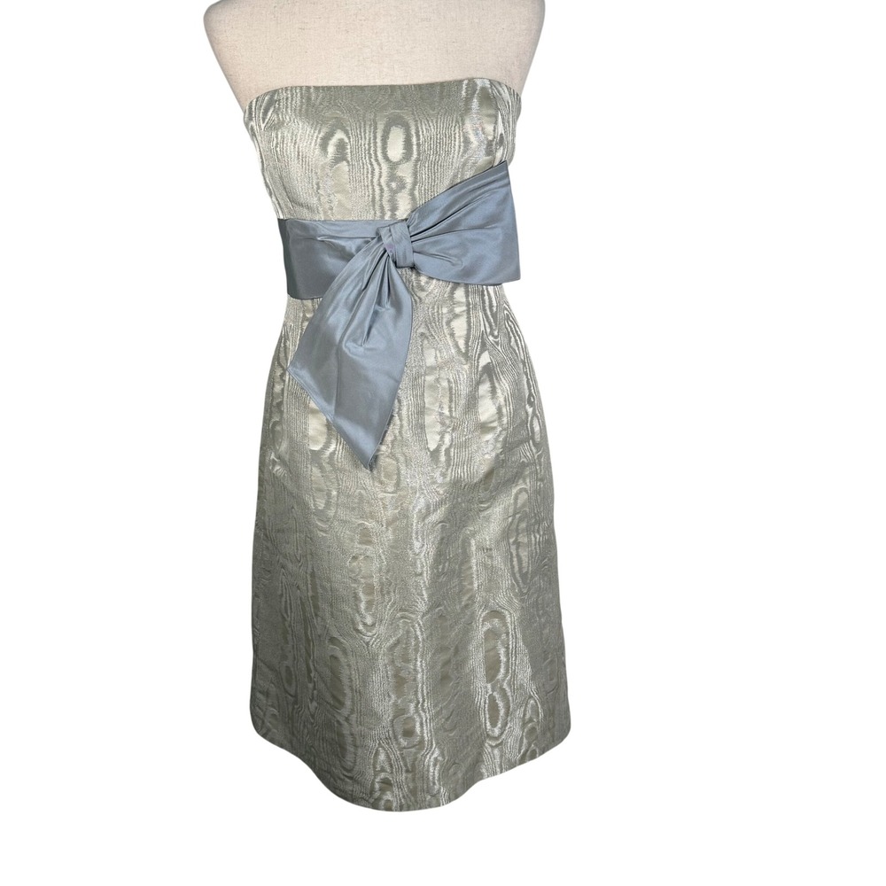Kay Unger New York Dress Women 12 Silver Metallic Brocade Strapless Bow Cocktail